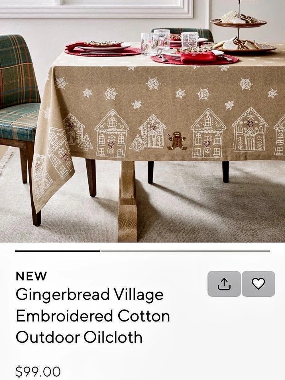 Pottery Barn Gingerbread Village Tablecloth Cotton oilcloth 70 x 108 Christmas